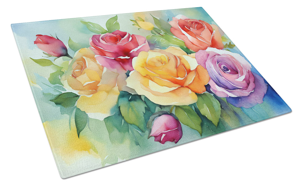 Roses in Watercolor Cutting Board Tempered Glass Kitchen Cutting Surface, Heat Resistant Chopping, Non-Slip Feet, Food Prep & Serving