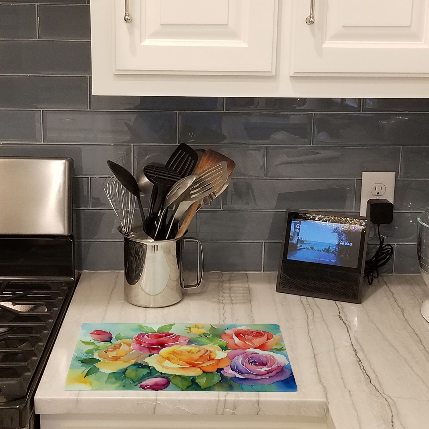 Roses in Watercolor Cutting Board Tempered Glass Kitchen Cutting Surface, Heat Resistant Chopping, Non-Slip Feet, Food Prep & Serving