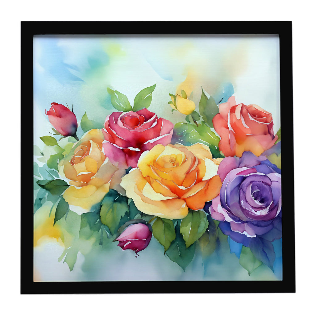 Roses in Watercolor Framed Metal Print Bathroom, Kitchen, Office, Home Decor Wall Art Ready to Hang, Square, 8X8