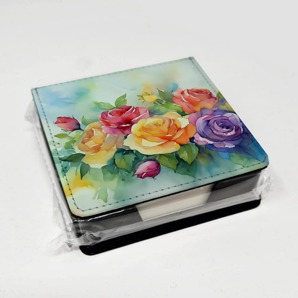 Roses in Watercolor PU Leather Note Paper Holder with Artist-Designed Cover, Desk Accessory, Office Gift