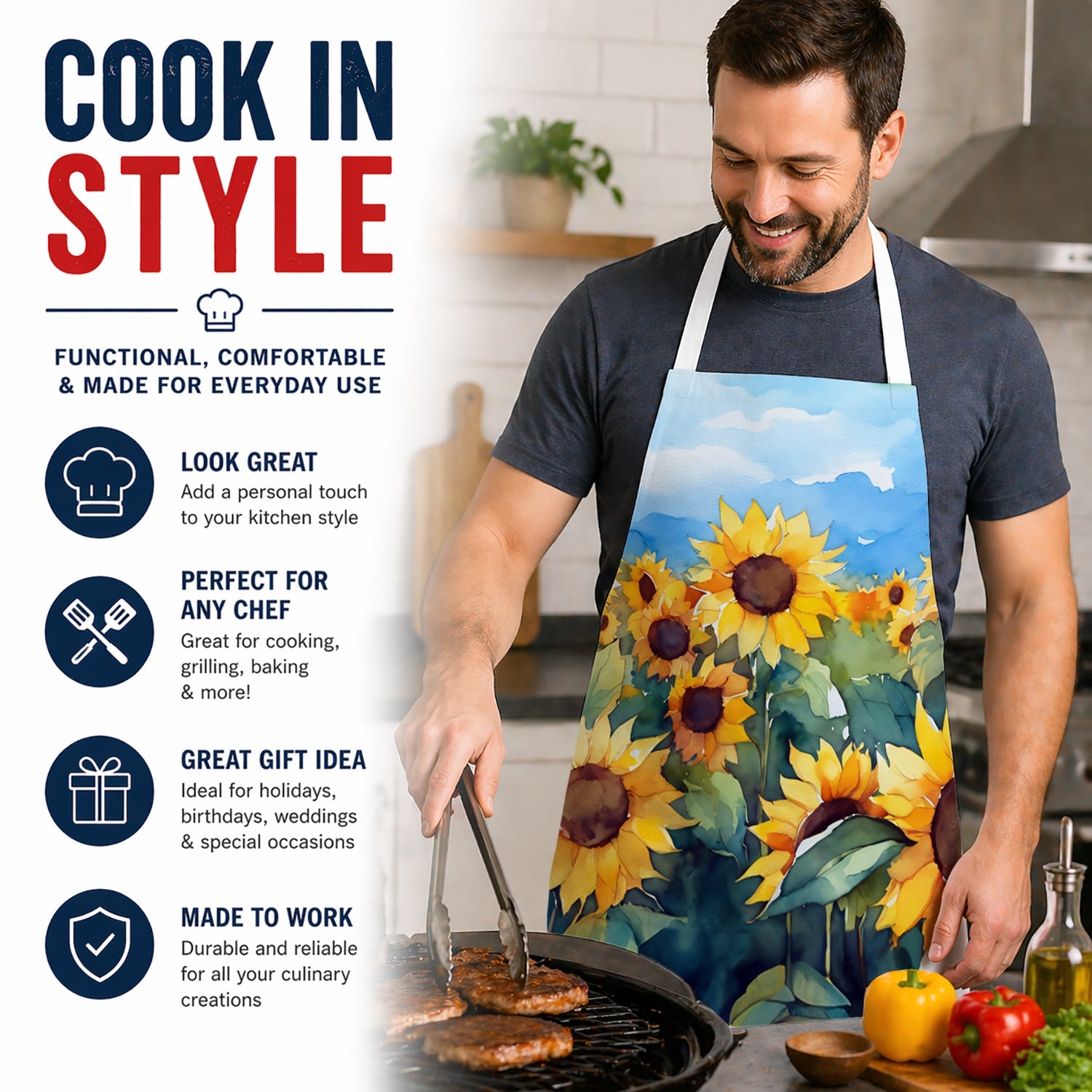 Sunflowers in Watercolor Apron Cooking Kitchen Server Baking Crafts Gardening for Adult Women Men, Unisex, Large, Multicolor