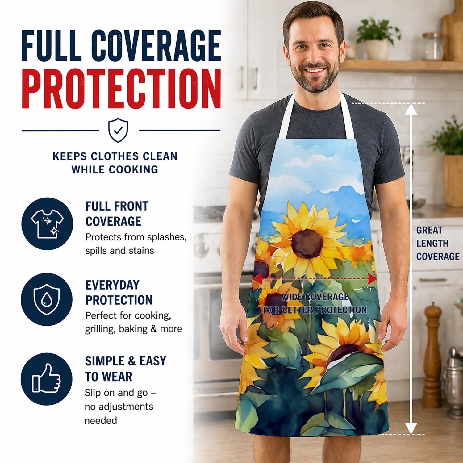 Sunflowers in Watercolor Apron Cooking Kitchen Server Baking Crafts Gardening for Adult Women Men, Unisex, Large, Multicolor