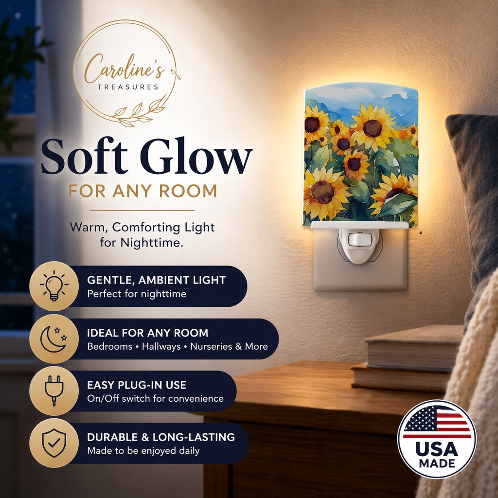 Sunflowers in Watercolor Ceramic Night Light Compact, UL-Certified, Ideal for Bedroom, Bathroom, Nursery, Hallway, Kitchen, 6x4x3, Multicolor