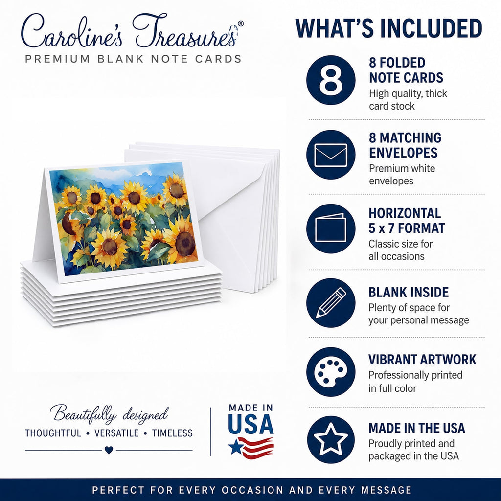 Sunflowers in Watercolor Greeting Cards Pack of 8 Blank Cards with Envelopes Whimsical A7 Size 5x7