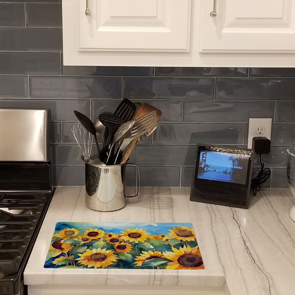 Sunflowers in Watercolor Cutting Board Tempered Glass Kitchen Cutting Surface, Heat Resistant Chopping, Non-Slip Feet, Food Prep & Serving