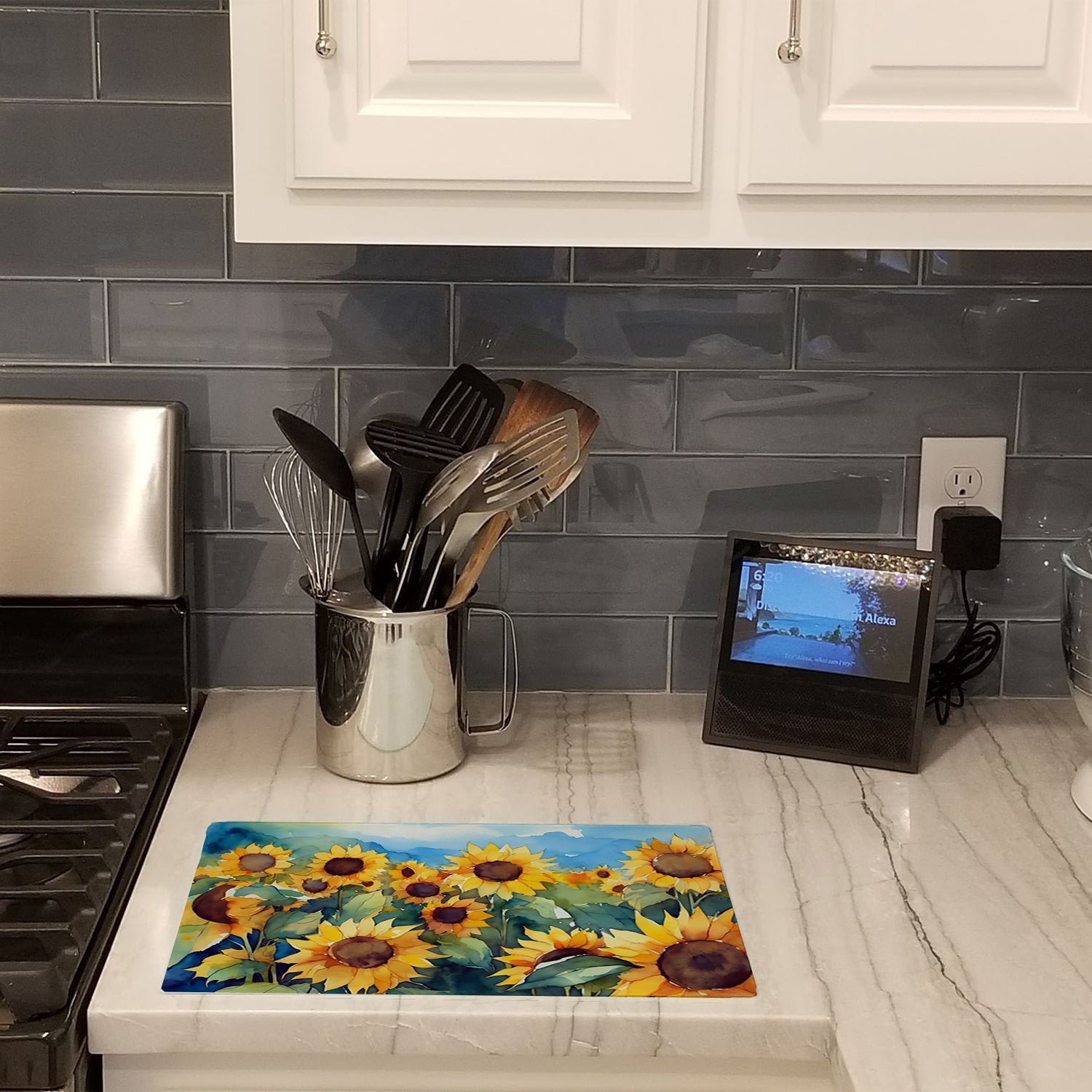 Sunflowers in Watercolor Cutting Board Tempered Glass Kitchen Cutting Surface, Heat Resistant Chopping, Non-Slip Feet, Food Prep & Serving