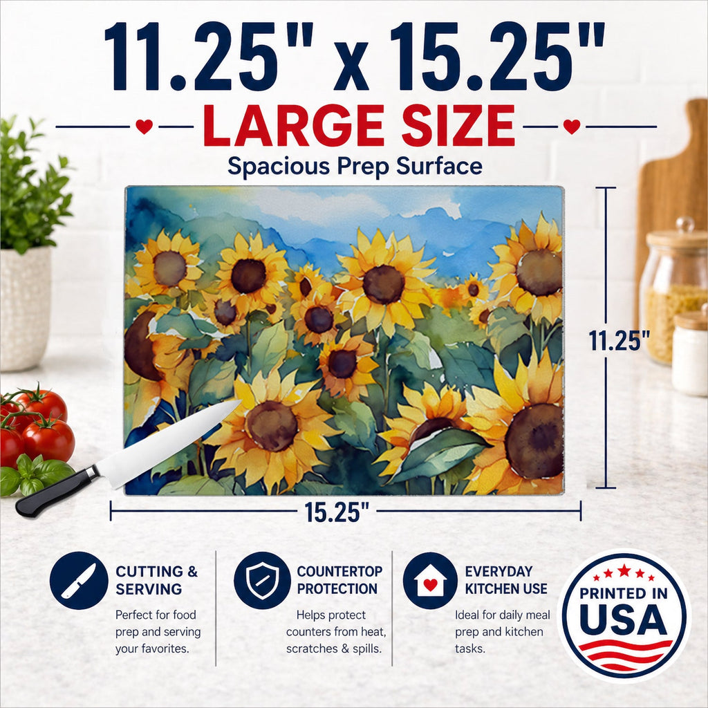 Sunflowers in Watercolor Cutting Board Tempered Glass Kitchen Cutting Surface, Heat Resistant Chopping, Non-Slip Feet, Food Prep & Serving