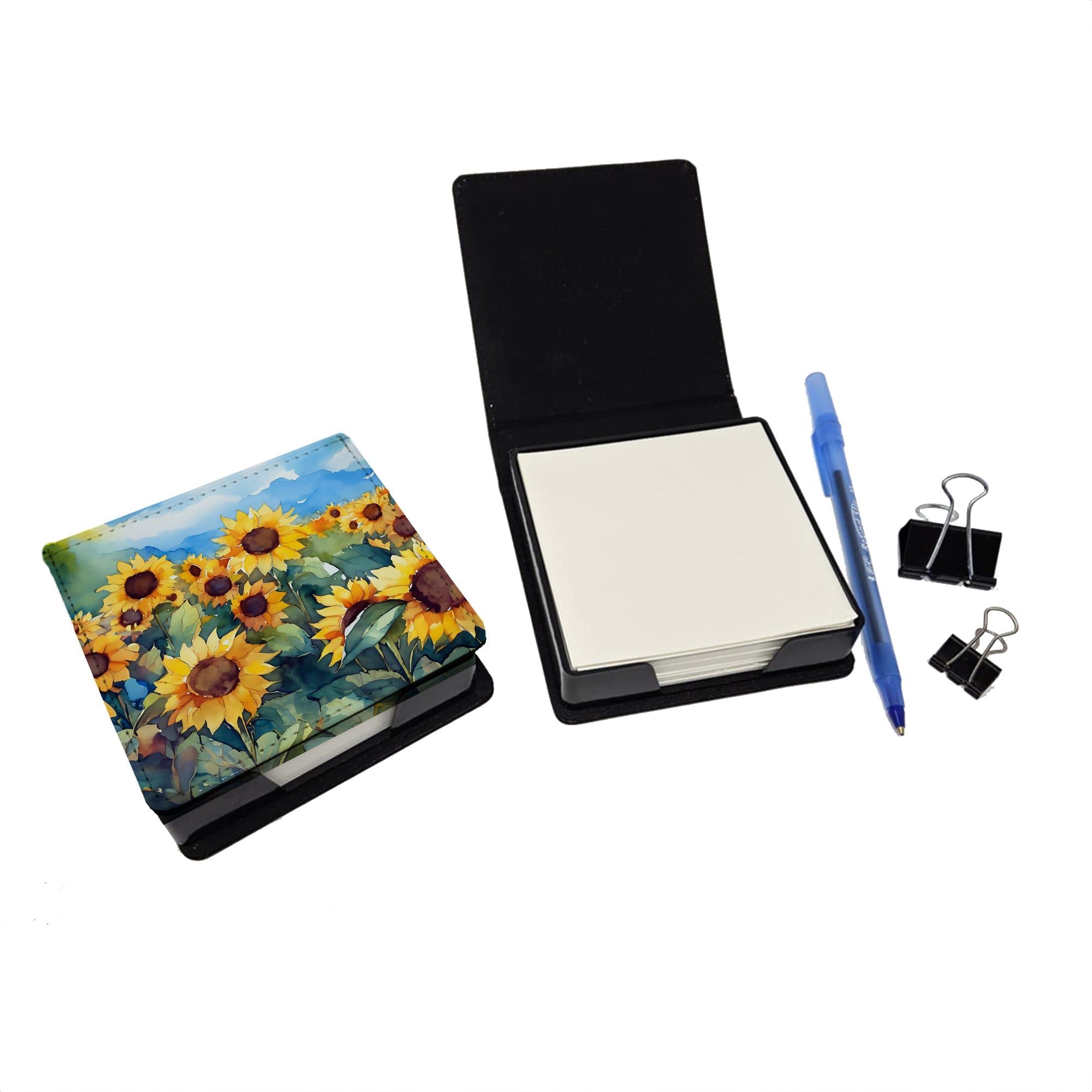 Sunflowers in Watercolor PU Leather Note Paper Holder with Artist-Designed Cover, Desk Accessory, Office Gift