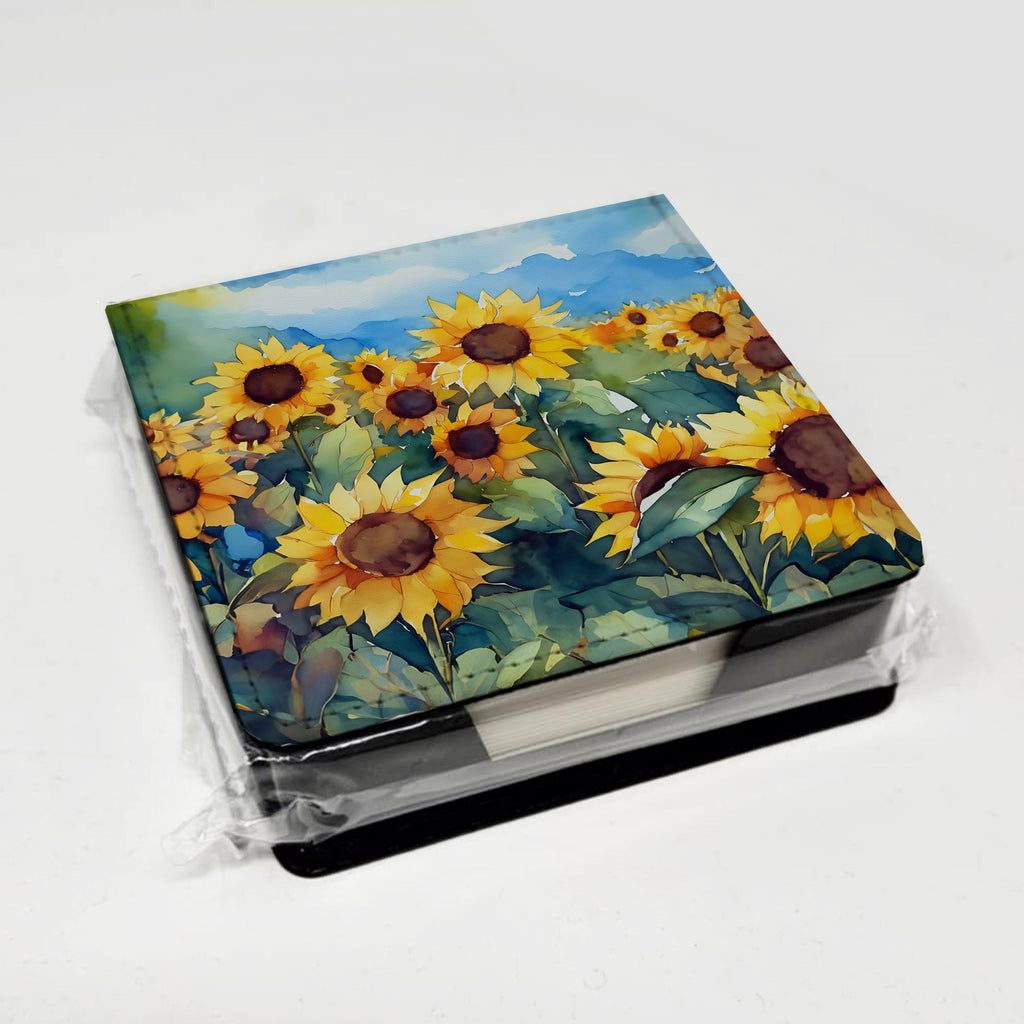 Sunflowers in Watercolor PU Leather Note Paper Holder with Artist-Designed Cover, Desk Accessory, Office Gift