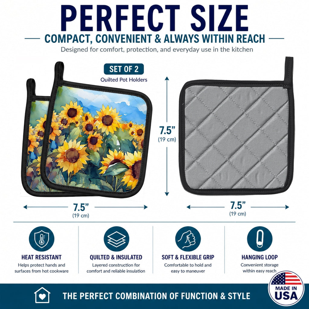 Sunflowers in Watercolor Pot Holder Set of 2 Heat Resistant Quilted Hot Pads 7.5 x 7.5 Inch, Insulated Kitchen Trivets for Cooking & Baking