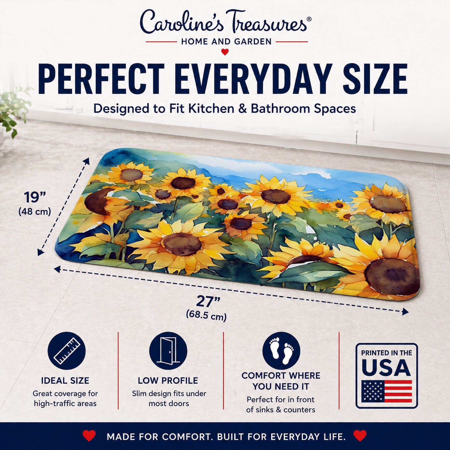 Sunflowers in Watercolor Memory Foam Kitchen Mat Machine Washable Anti-Fatigue Cushion Comfort Bath or Kitchen Rug