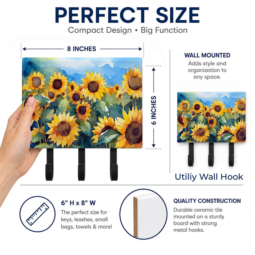 Sunflowers in Watercolor Leash or Key Holder Wall Hooks, Coat Rack Wall Mount, for Hanging Keys, Towels, Aprons, Leashes