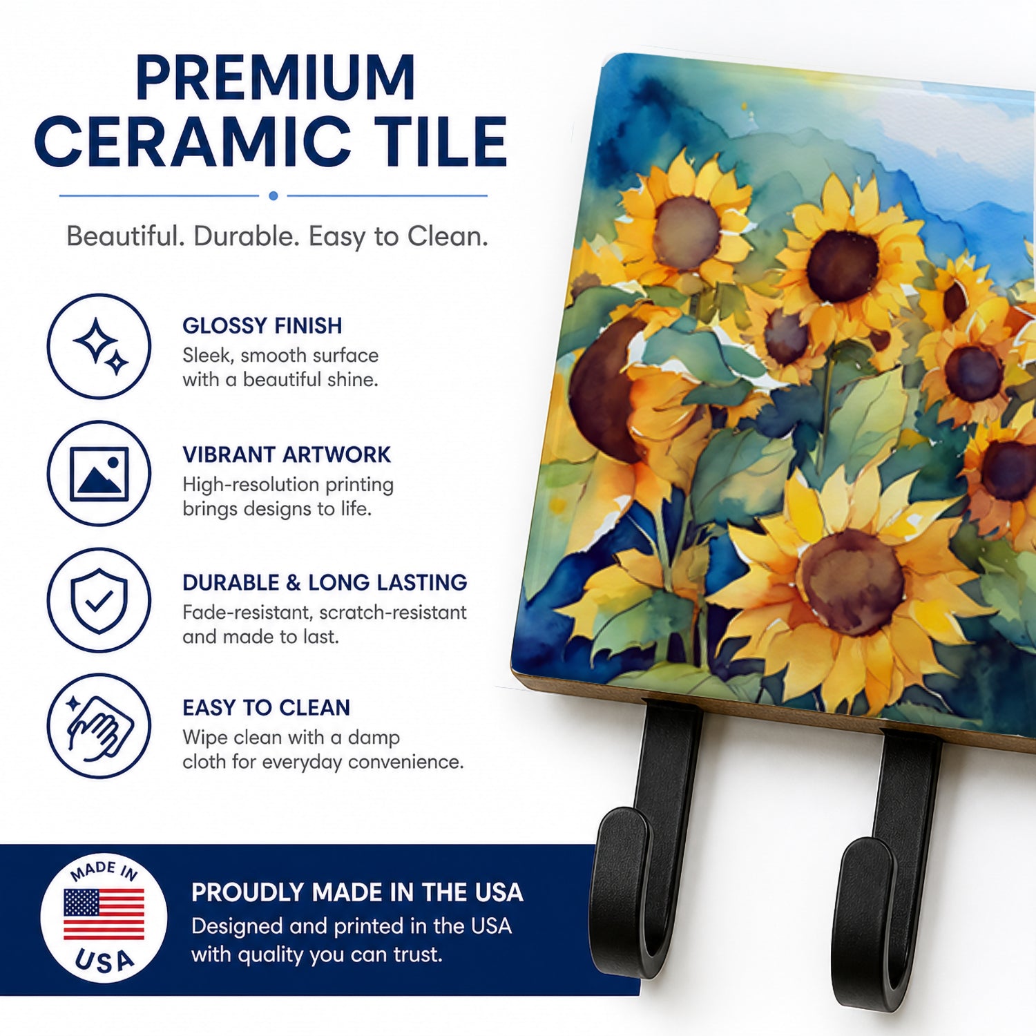 Sunflowers in Watercolor Leash or Key Holder Wall Hooks, Coat Rack Wall Mount, for Hanging Keys, Towels, Aprons, Leashes