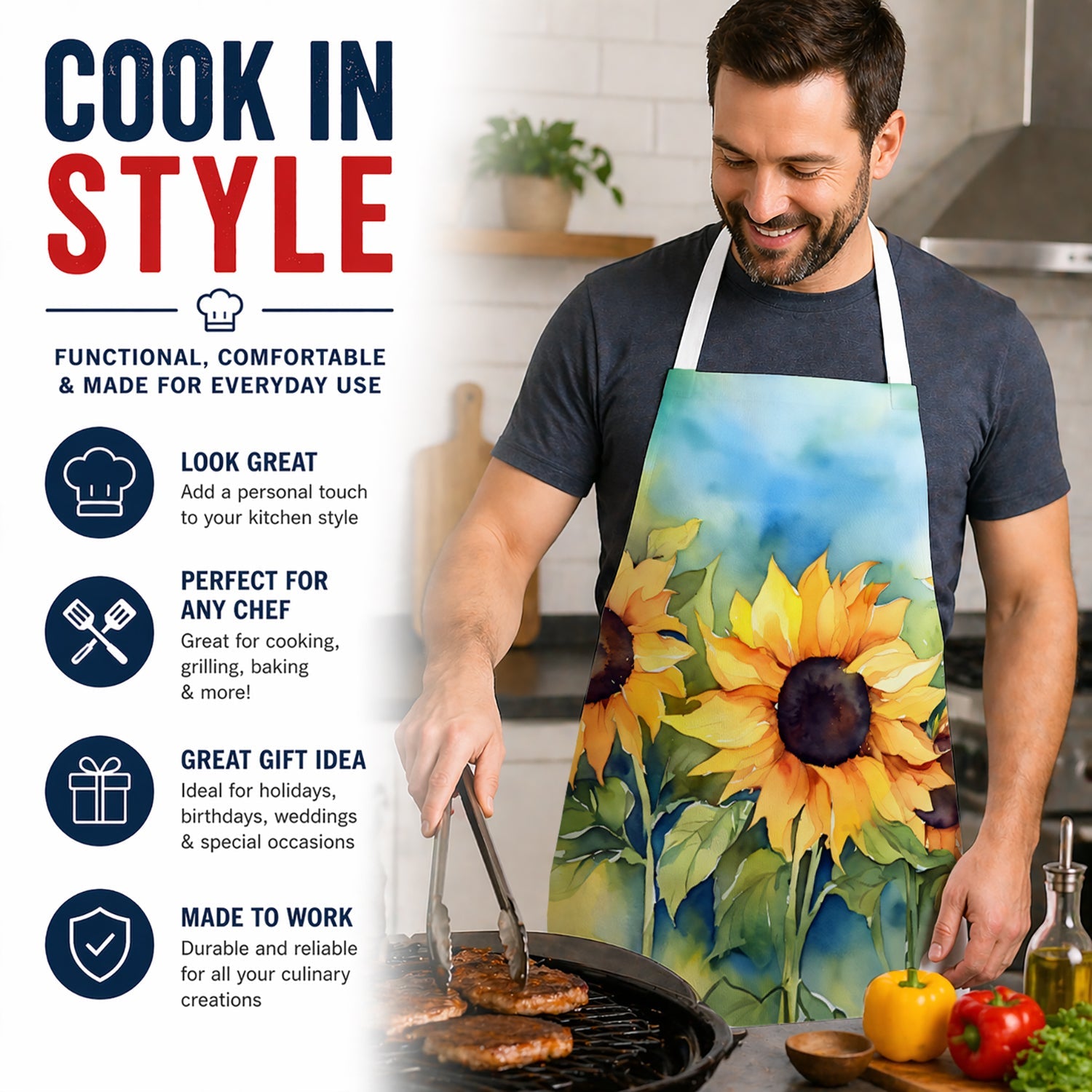 Sunflowers in Watercolor Apron Cooking Kitchen Server Baking Crafts Gardening for Adult Women Men, Unisex, Large, Multicolor