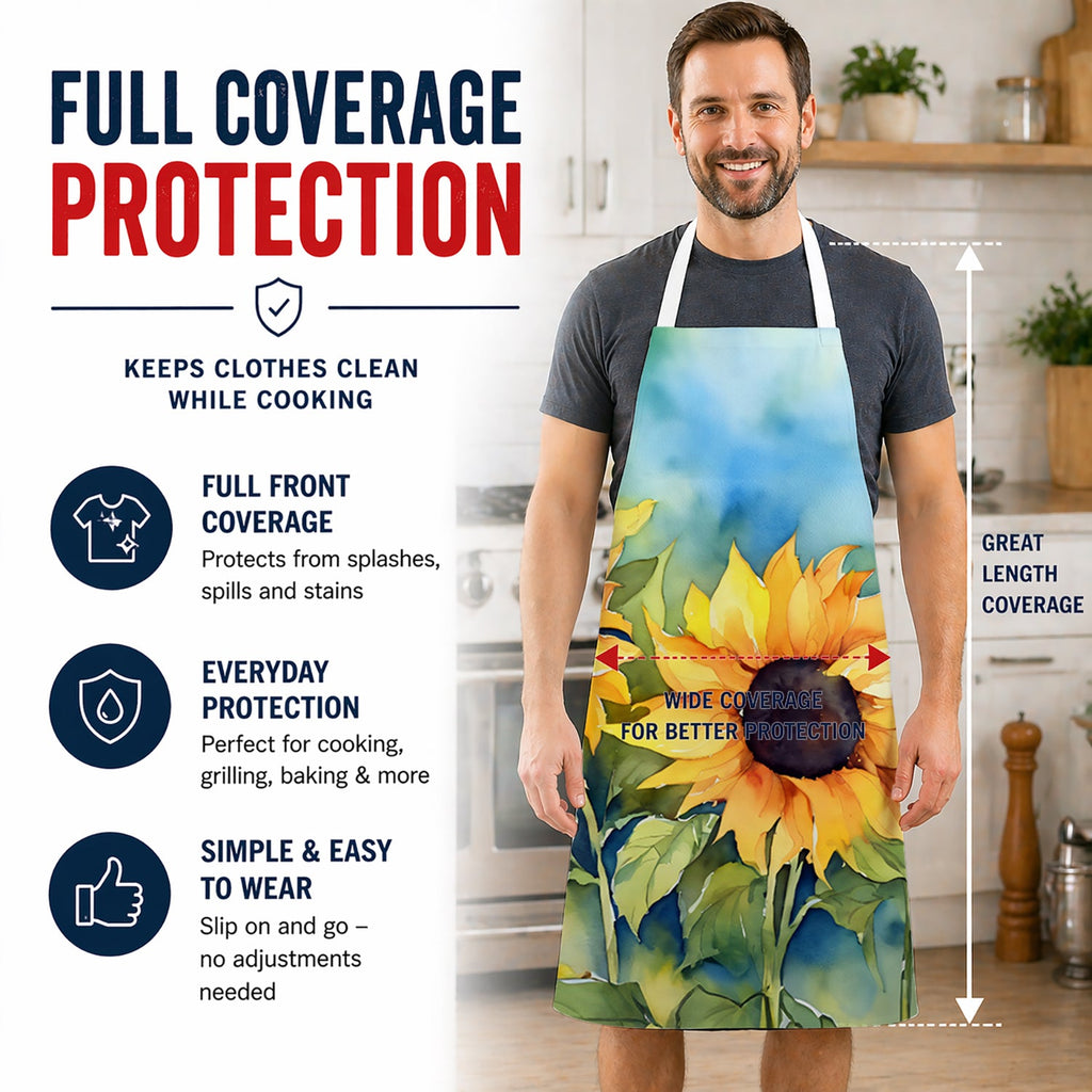 Sunflowers in Watercolor Apron Cooking Kitchen Server Baking Crafts Gardening for Adult Women Men, Unisex, Large, Multicolor