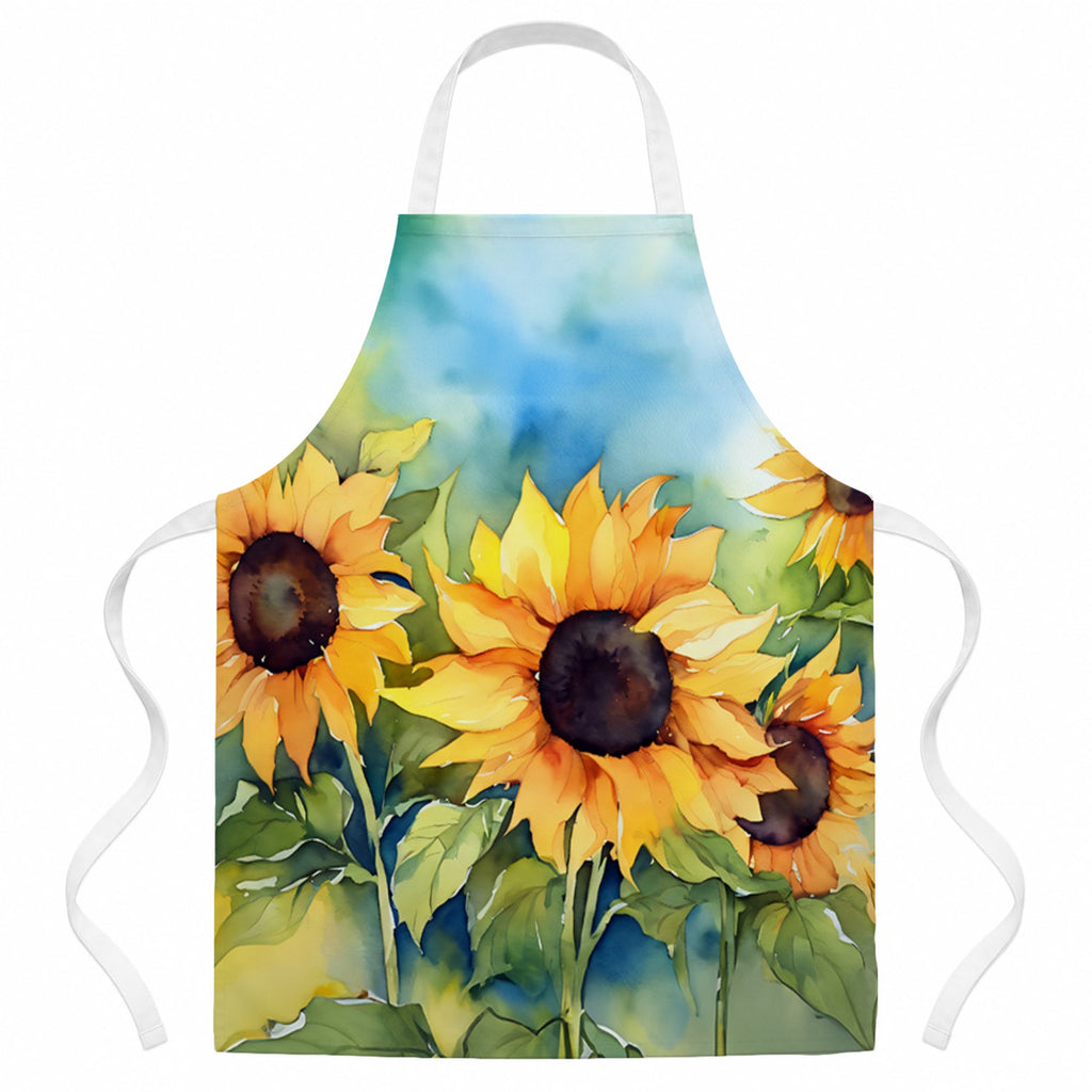 Sunflowers in Watercolor Apron Cooking Kitchen Server Baking Crafts Gardening for Adult Women Men, Unisex, Large, Multicolor