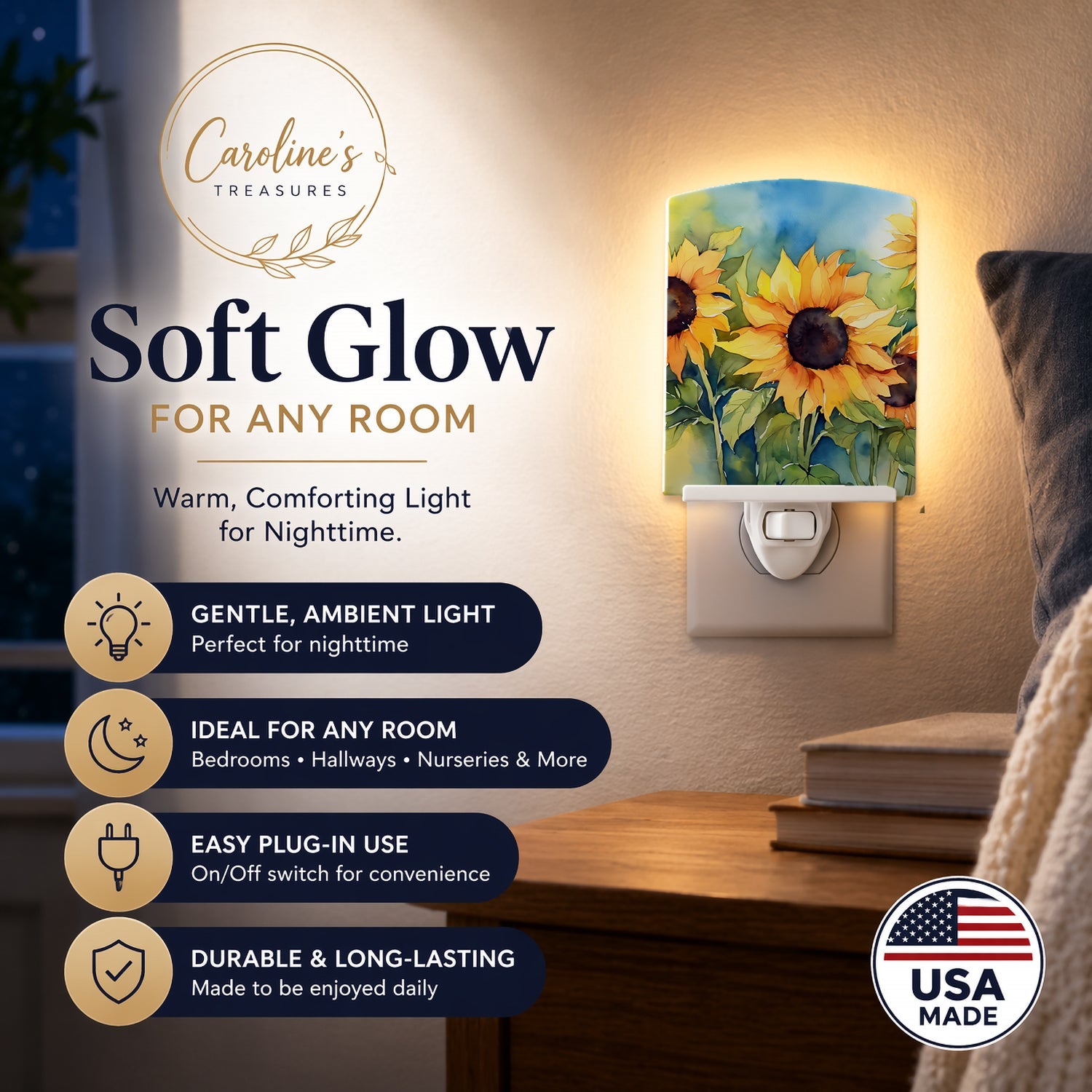 Sunflowers in Watercolor Ceramic Night Light Compact, UL-Certified, Ideal for Bedroom, Bathroom, Nursery, Hallway, Kitchen, 6x4x3, Multicolor