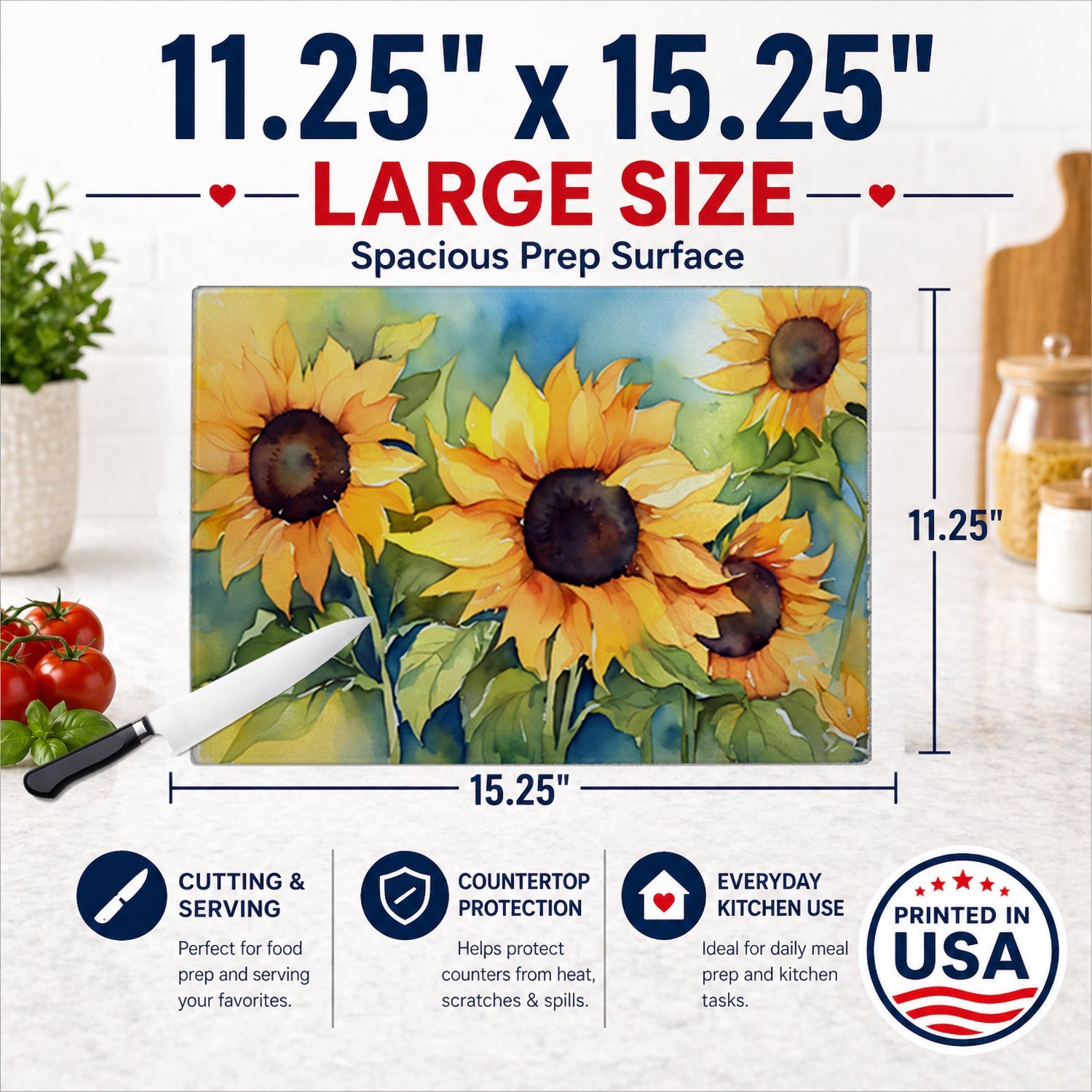 Sunflowers in Watercolor Cutting Board Tempered Glass Kitchen Cutting Surface, Heat Resistant Chopping, Non-Slip Feet, Food Prep & Serving