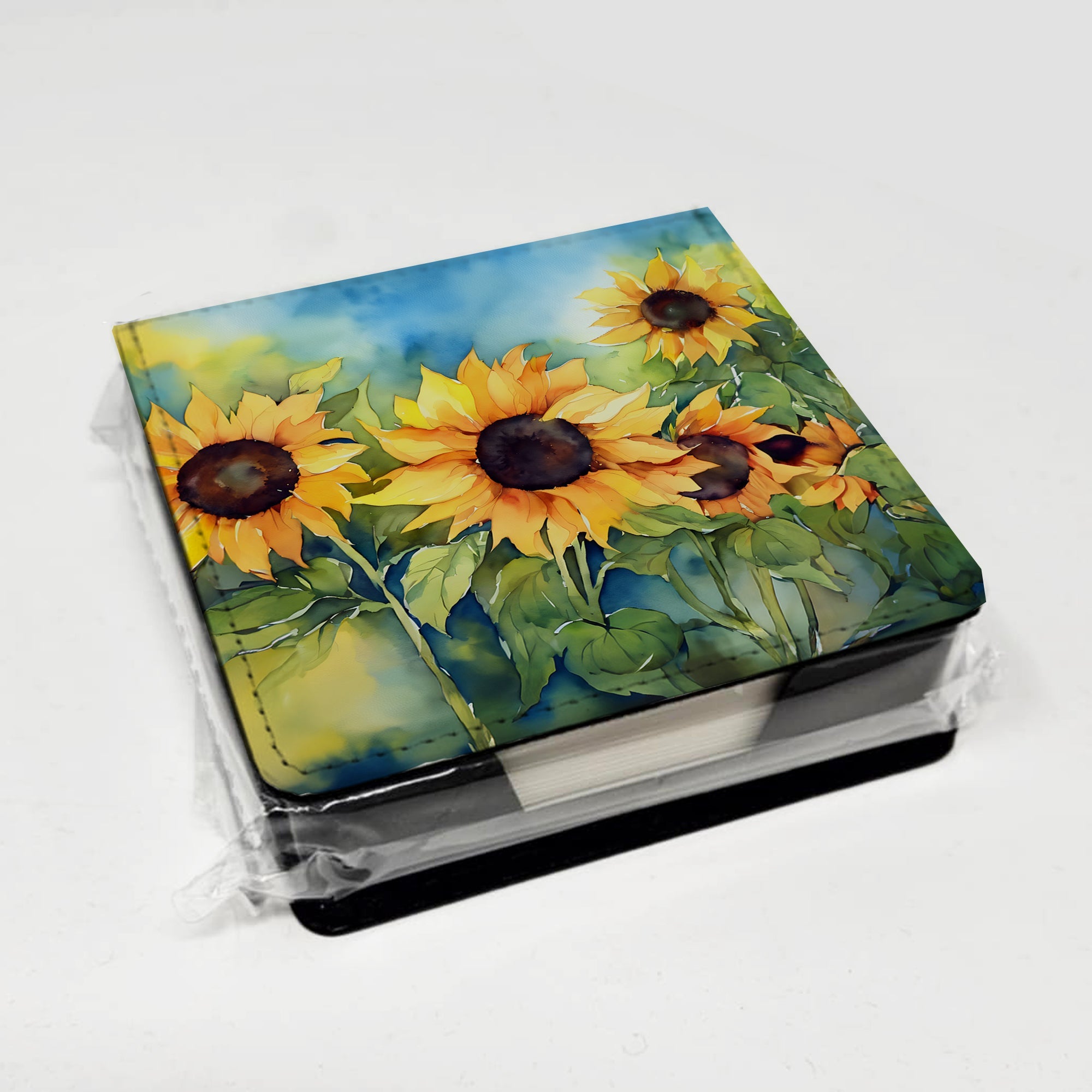 Sunflowers in Watercolor PU Leather Note Paper Holder with Artist-Designed Cover, Desk Accessory, Office Gift