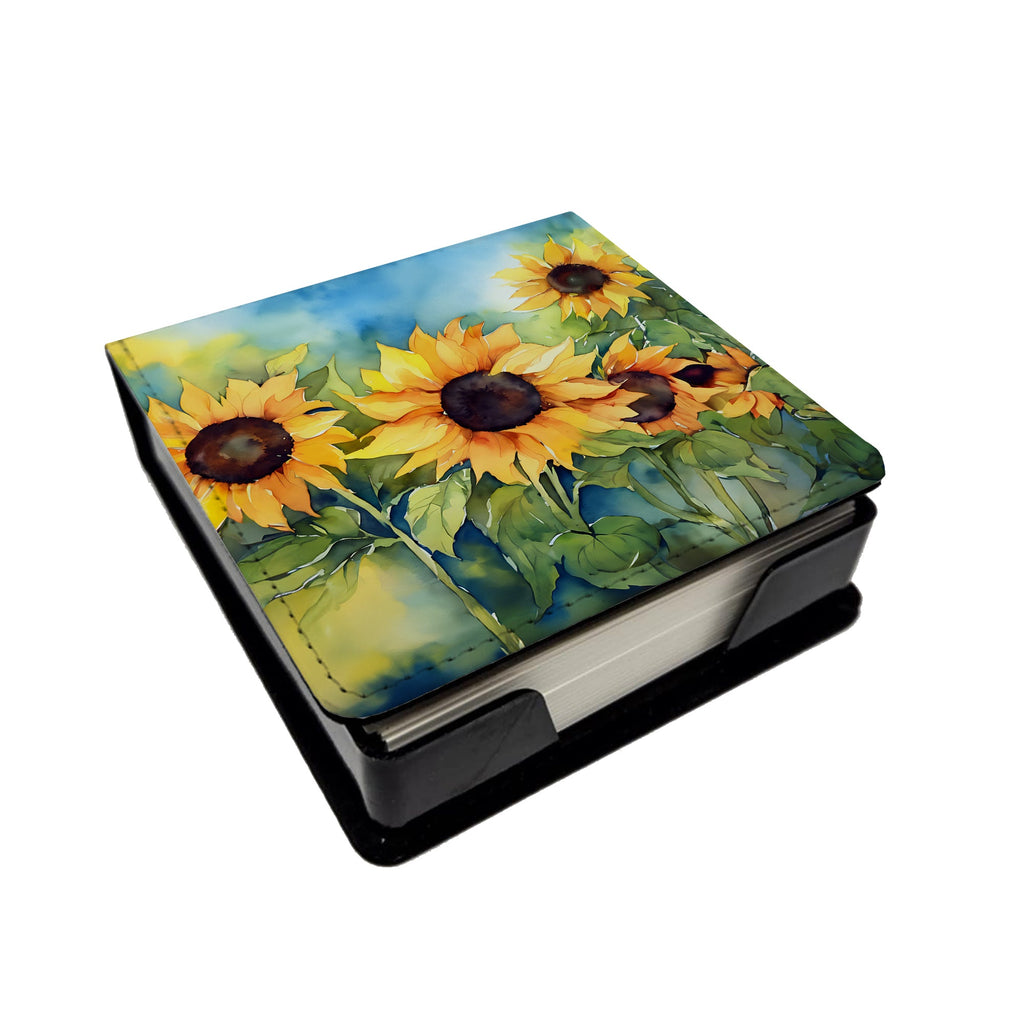 Sunflowers in Watercolor PU Leather Note Paper Holder with Artist-Designed Cover, Desk Accessory, Office Gift