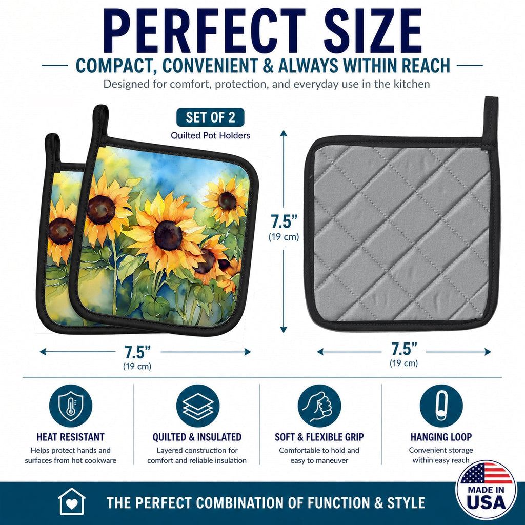 Sunflowers in Watercolor Pot Holder Set of 2 Heat Resistant Quilted Hot Pads 7.5 x 7.5 Inch, Insulated Kitchen Trivets for Cooking & Baking