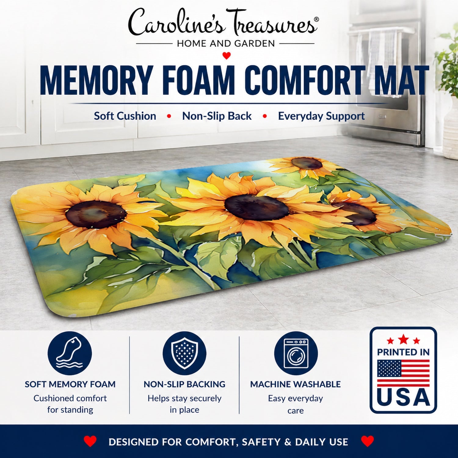 Sunflowers in Watercolor Memory Foam Kitchen Mat Machine Washable Anti-Fatigue Cushion Comfort Bath or Kitchen Rug