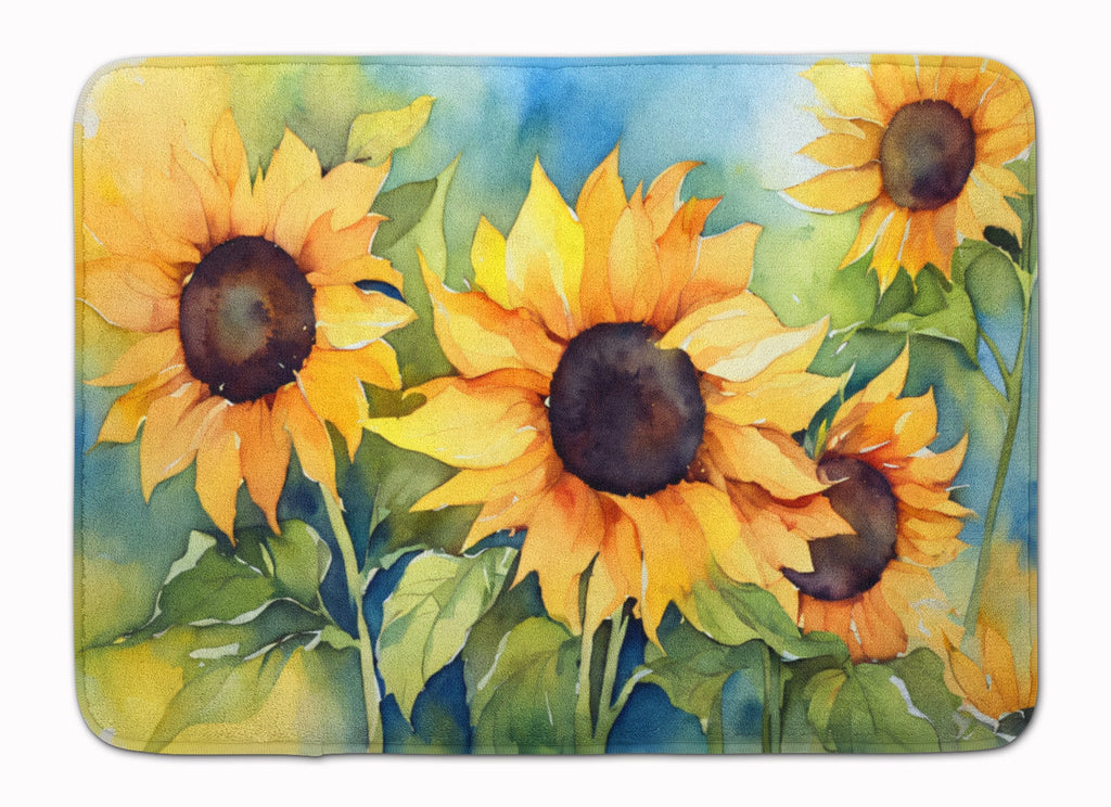 Sunflowers in Watercolor Memory Foam Kitchen Mat Machine Washable Anti-Fatigue Cushion Comfort Bath or Kitchen Rug