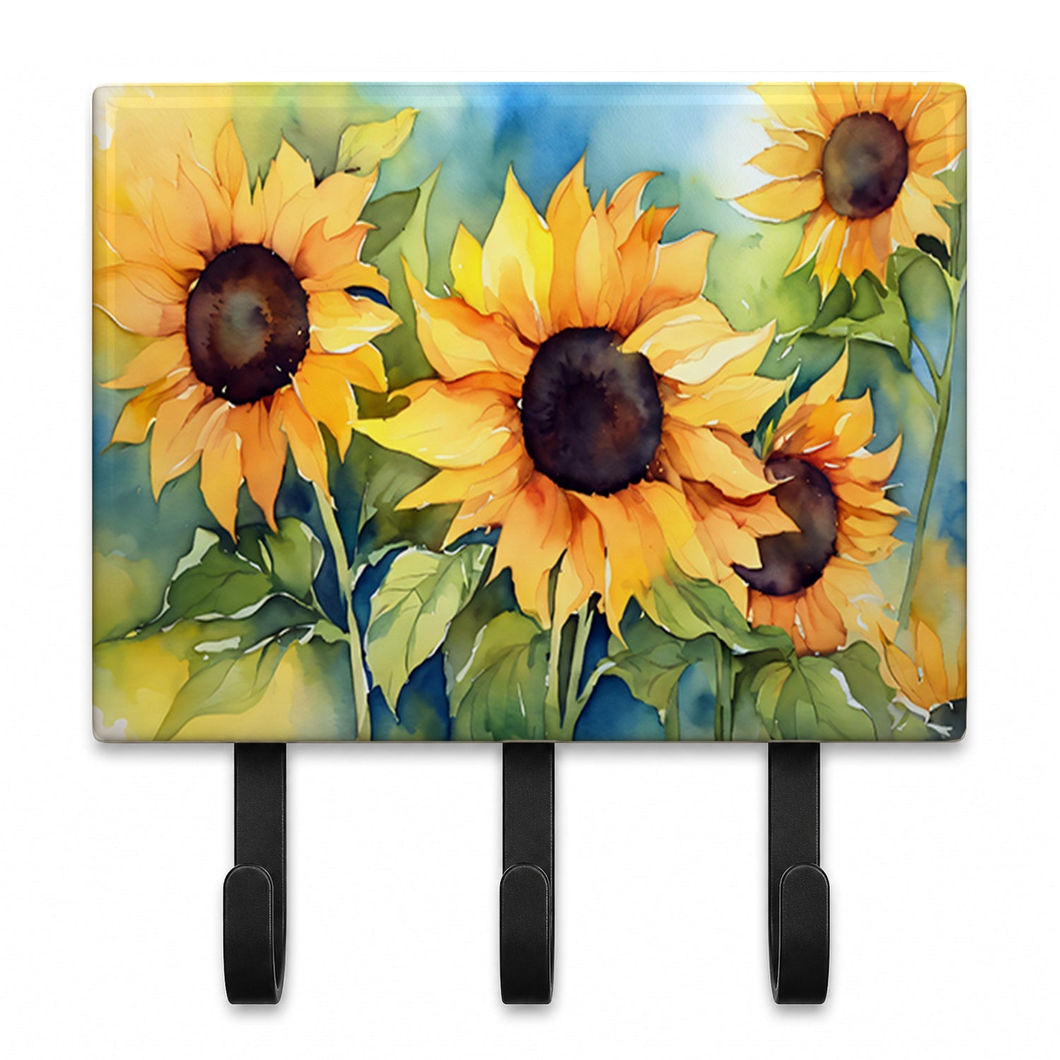 Sunflowers in Watercolor Leash or Key Holder Wall Hooks, Coat Rack Wall Mount, for Hanging Keys, Towels, Aprons, Leashes
