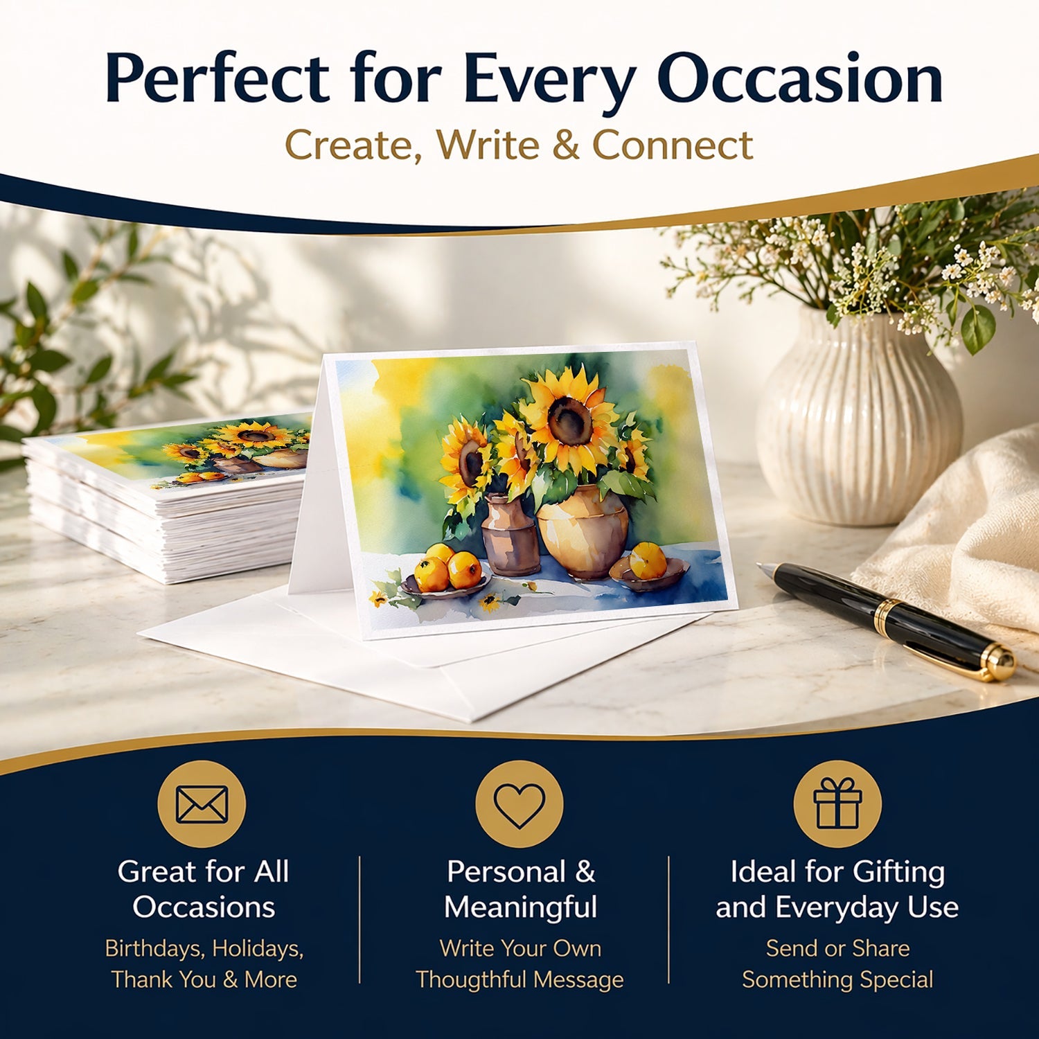 Sunflowers in Watercolor Greeting Cards Pack of 8 Blank Cards with Envelopes Whimsical A7 Size 5x7