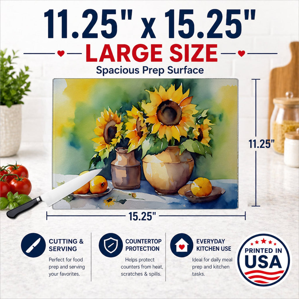 Sunflowers in Watercolor Cutting Board Tempered Glass Kitchen Cutting Surface, Heat Resistant Chopping, Non-Slip Feet, Food Prep & Serving