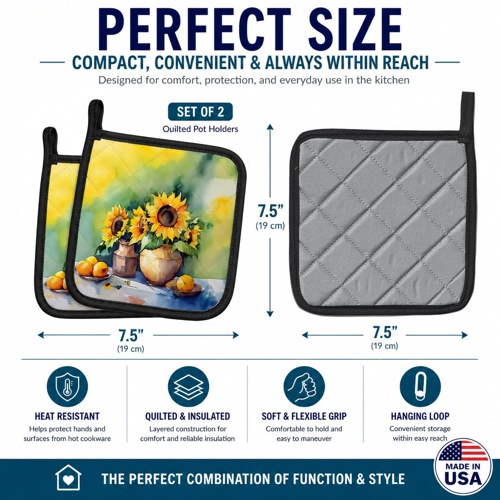 Sunflowers in Watercolor Pot Holder Set of 2 Heat Resistant Quilted Hot Pads 7.5 x 7.5 Inch, Insulated Kitchen Trivets for Cooking & Baking