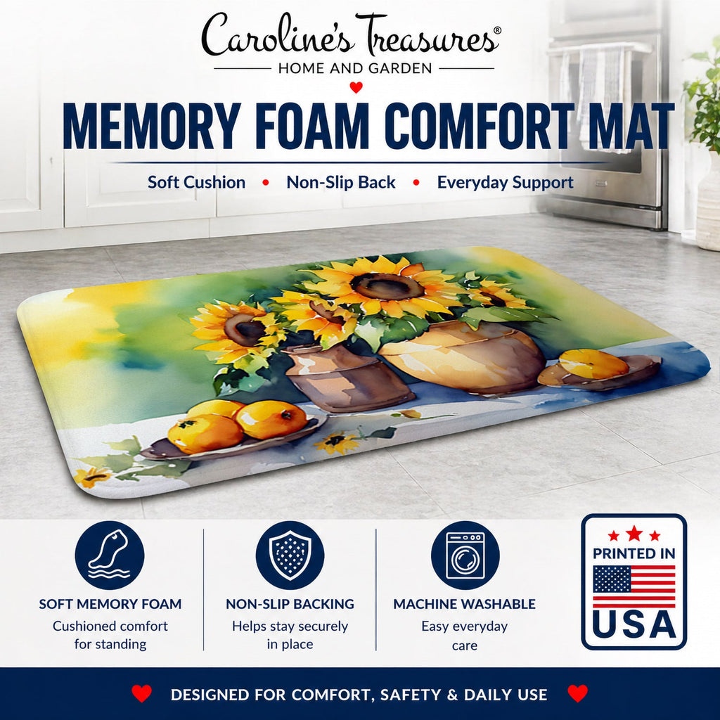 Sunflowers in Watercolor Memory Foam Kitchen Mat Machine Washable Anti-Fatigue Cushion Comfort Bath or Kitchen Rug