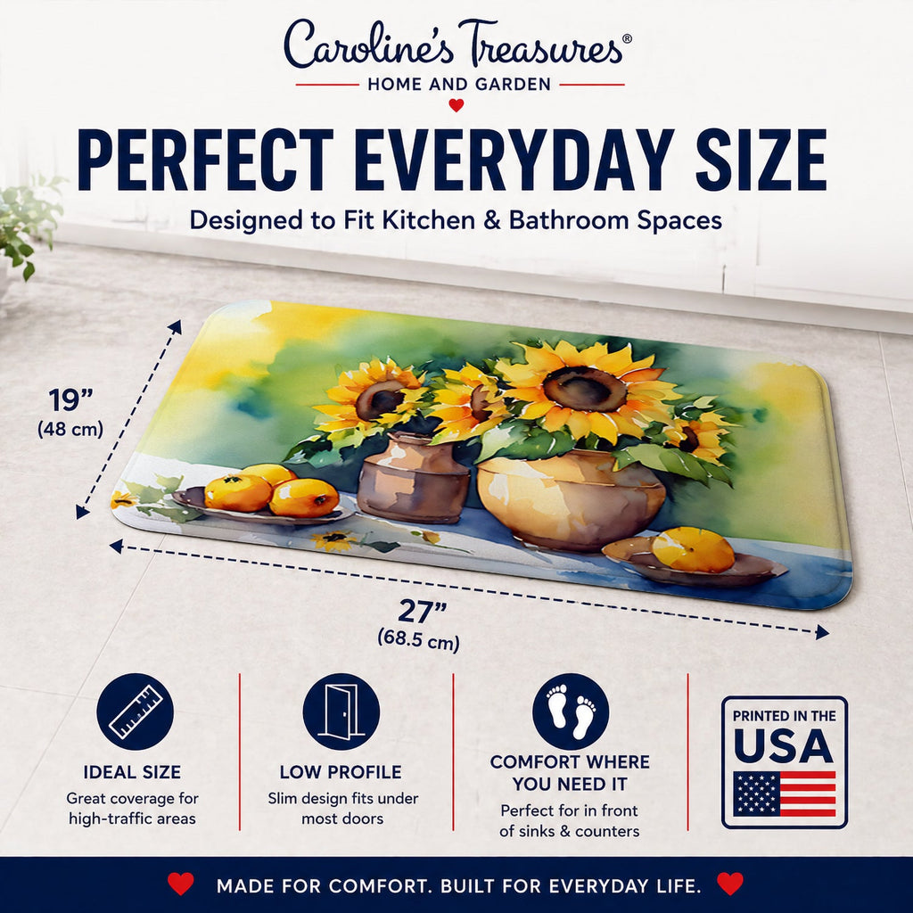 Sunflowers in Watercolor Memory Foam Kitchen Mat Machine Washable Anti-Fatigue Cushion Comfort Bath or Kitchen Rug