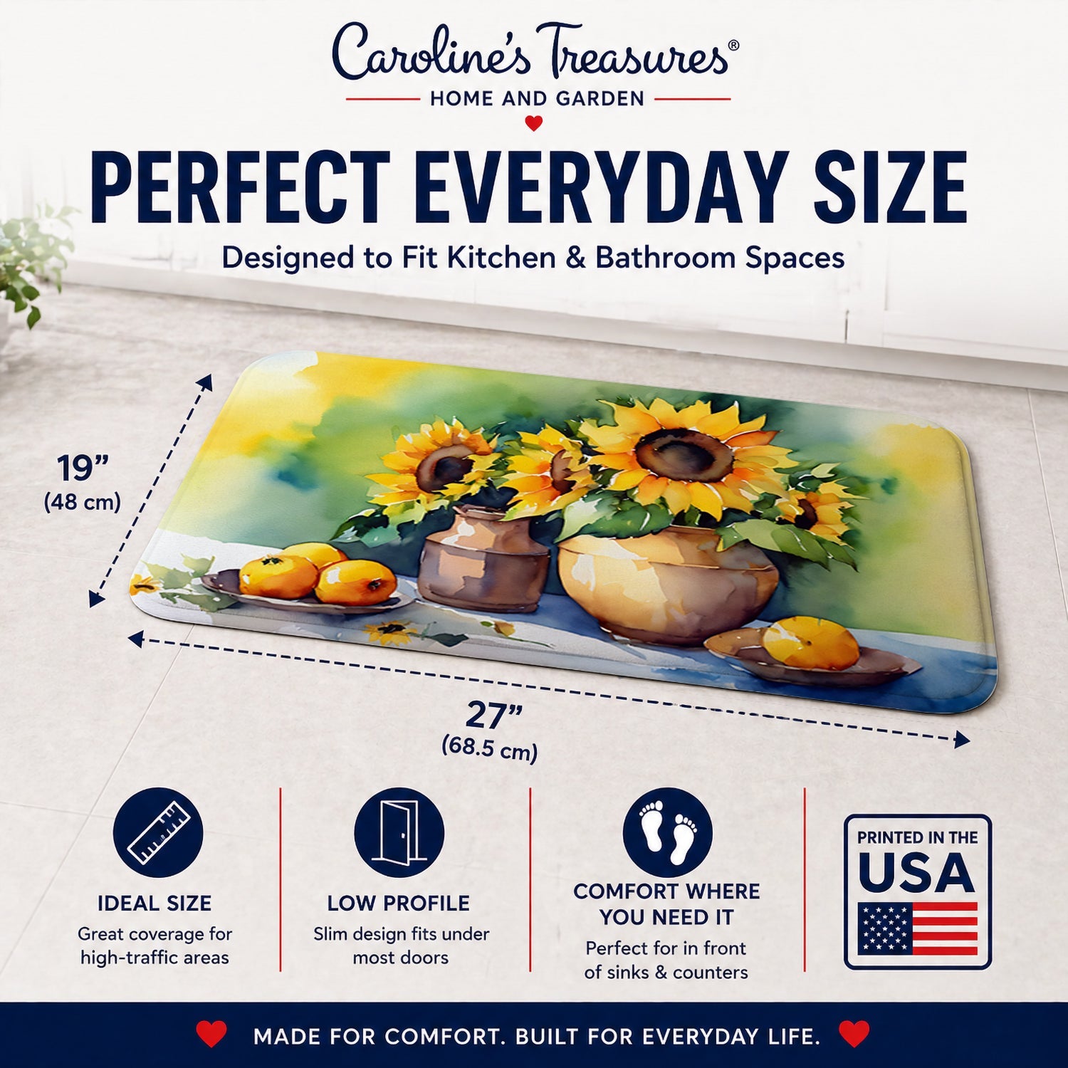 Sunflowers in Watercolor Memory Foam Kitchen Mat Machine Washable Anti-Fatigue Cushion Comfort Bath or Kitchen Rug