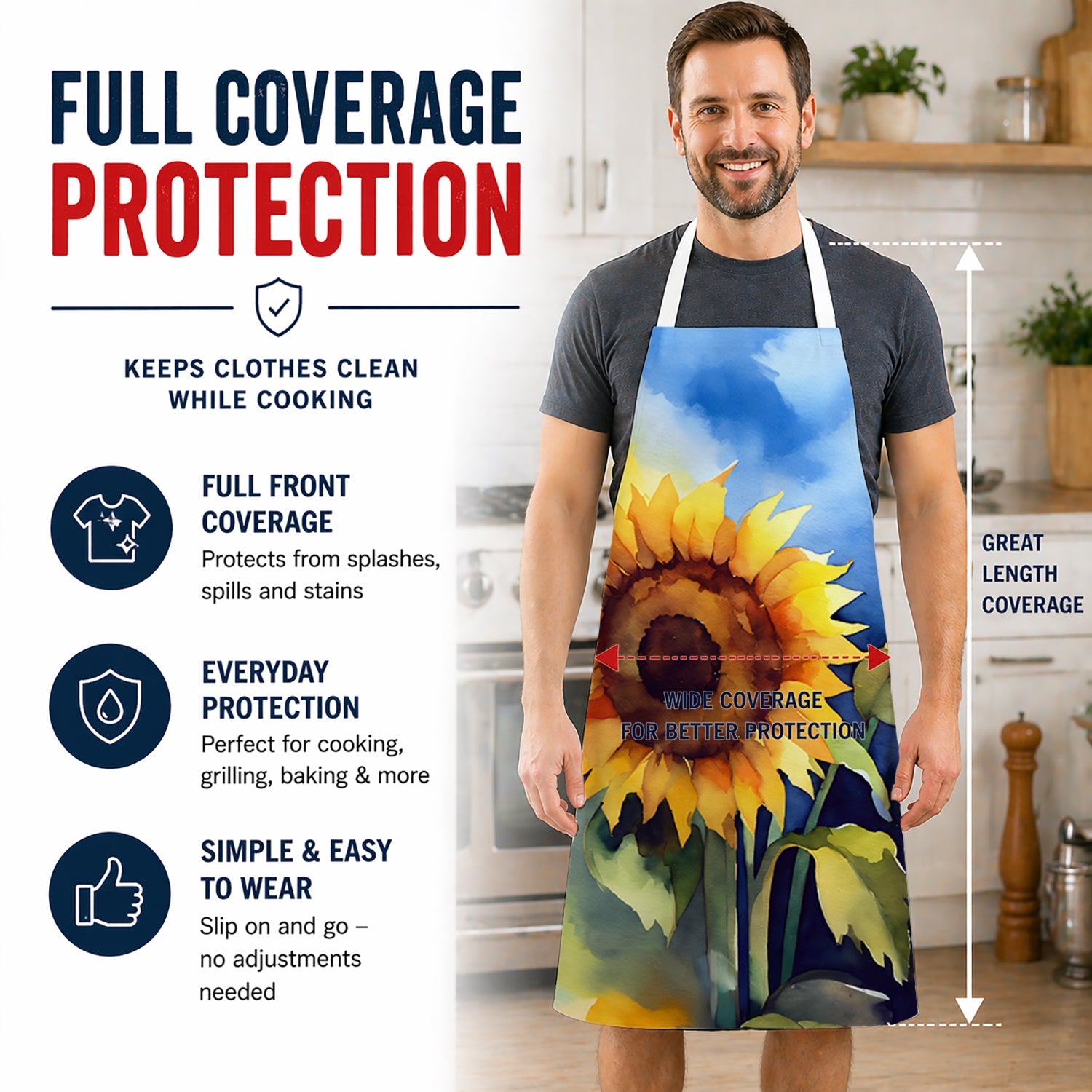 Sunflowers in Watercolor Apron Cooking Kitchen Server Baking Crafts Gardening for Adult Women Men, Unisex, Large, Multicolor