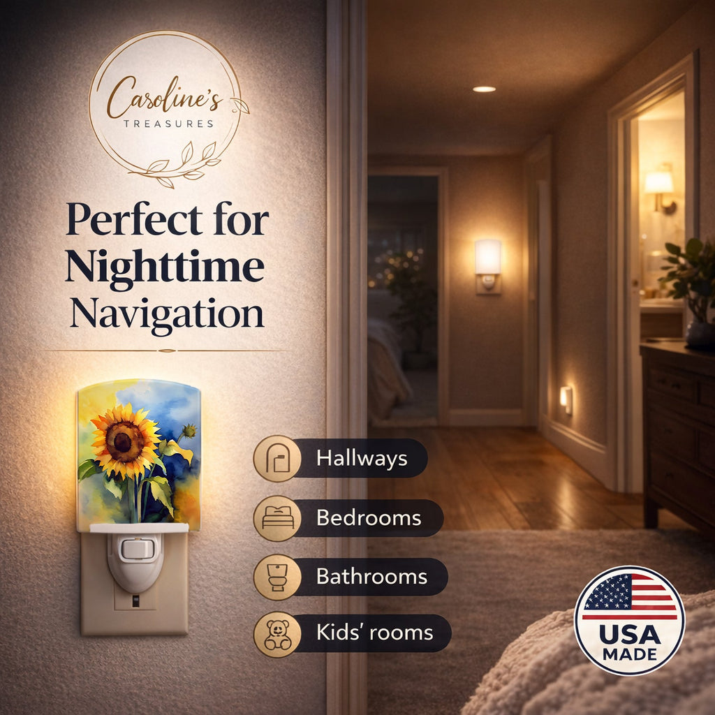 Sunflowers in Watercolor Ceramic Night Light Compact, UL-Certified, Ideal for Bedroom, Bathroom, Nursery, Hallway, Kitchen, 6x4x3, Multicolor