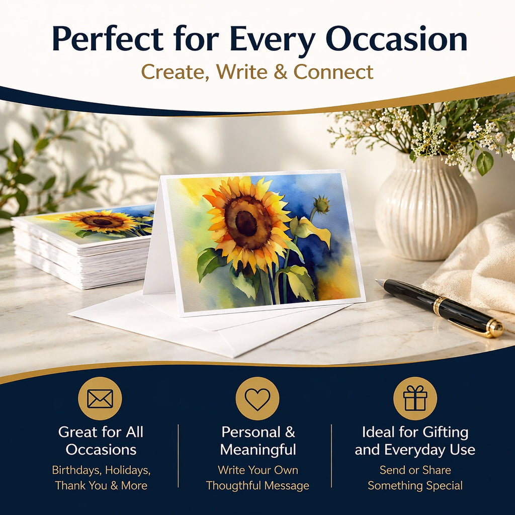 Sunflowers in Watercolor Greeting Cards Pack of 8 Blank Cards with Envelopes Whimsical A7 Size 5x7