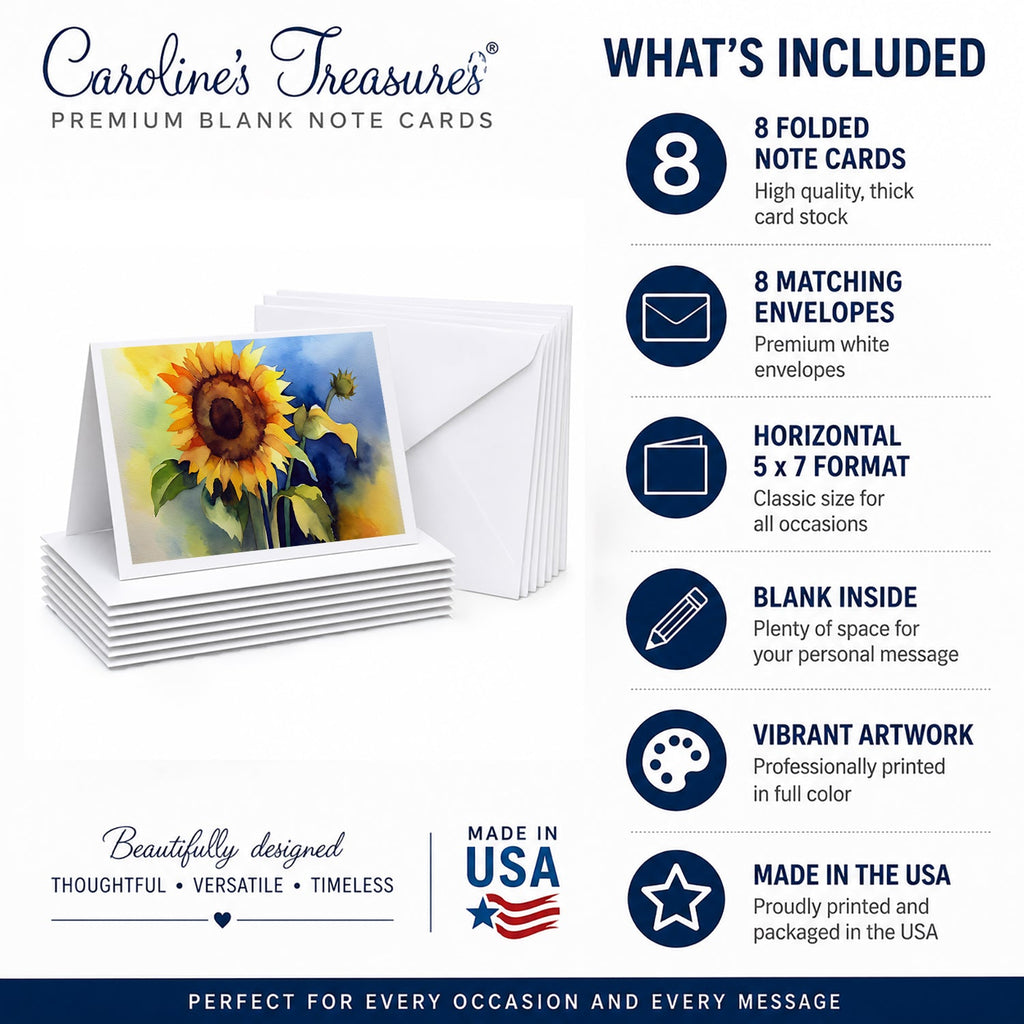 Sunflowers in Watercolor Greeting Cards Pack of 8 Blank Cards with Envelopes Whimsical A7 Size 5x7