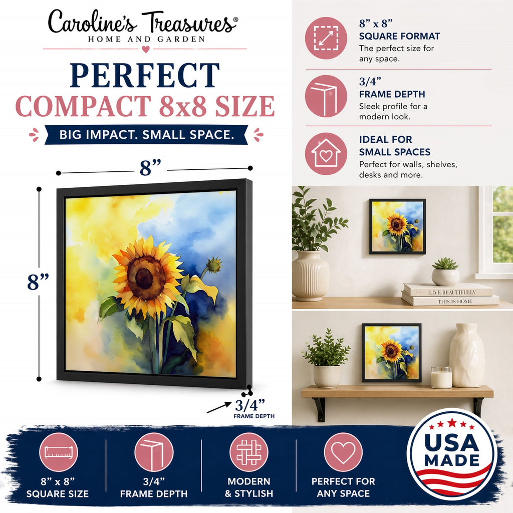 Sunflowers in Watercolor Framed Metal Print Bathroom, Kitchen, Office, Home Decor Wall Art Ready to Hang, Square, 8X8