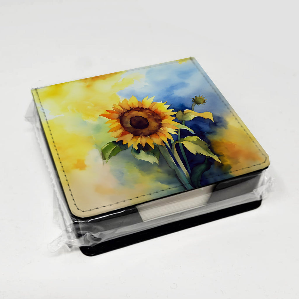 Sunflowers in Watercolor PU Leather Note Paper Holder with Artist-Designed Cover, Desk Accessory, Office Gift