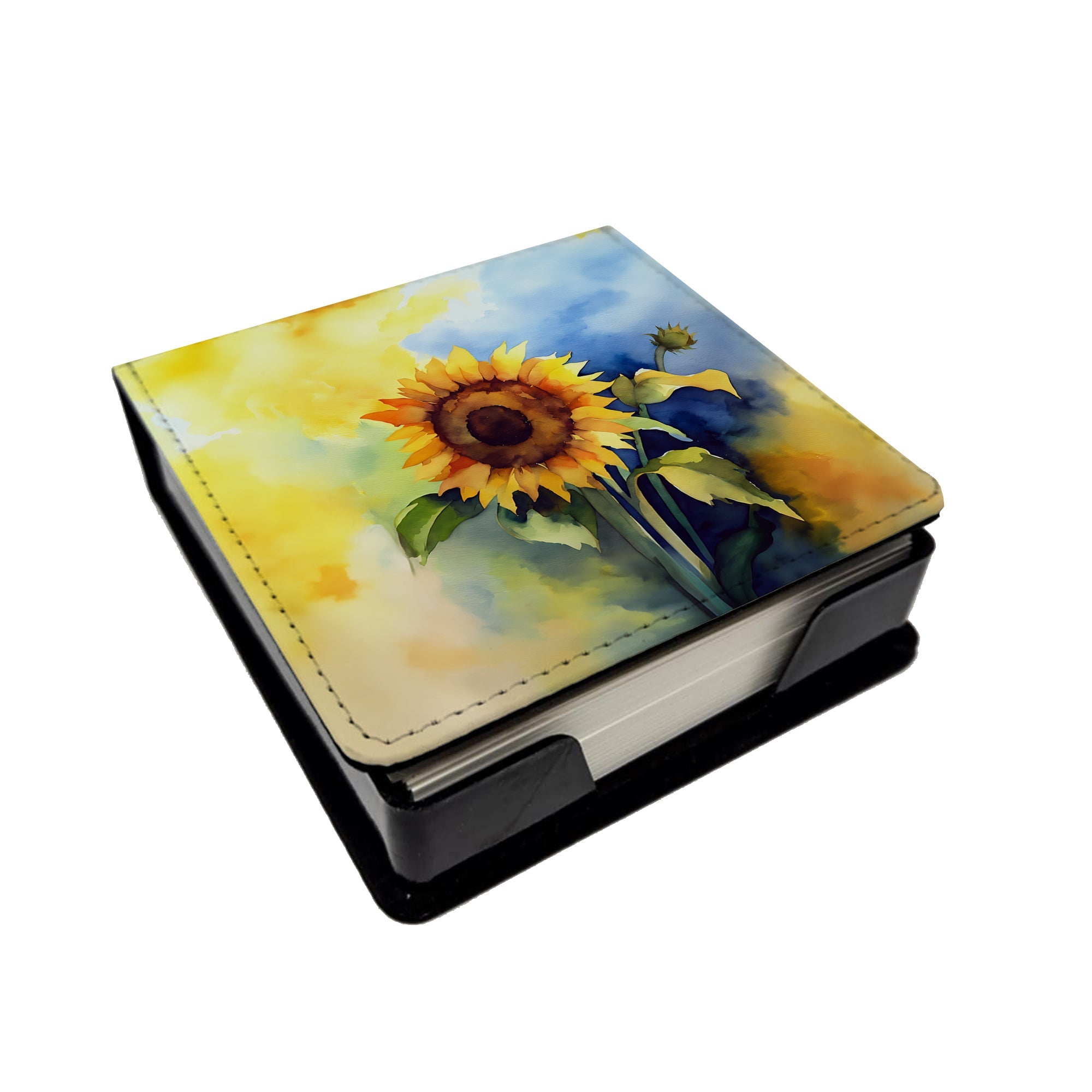 Sunflowers in Watercolor PU Leather Note Paper Holder with Artist-Designed Cover, Desk Accessory, Office Gift