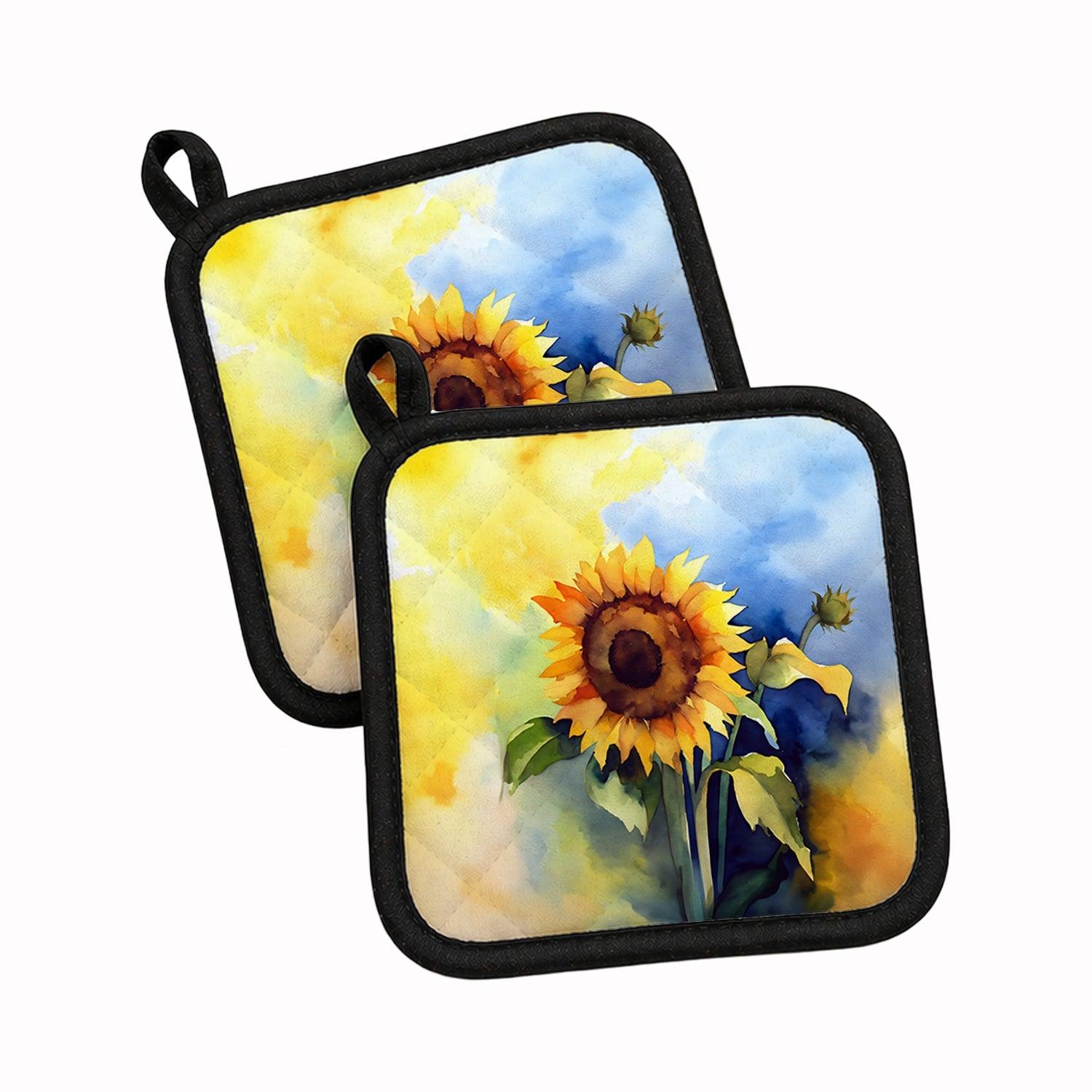 Sunflowers in Watercolor Pot Holder Set of 2 Heat Resistant Quilted Hot Pads 7.5 x 7.5 Inch, Insulated Kitchen Trivets for Cooking & Baking