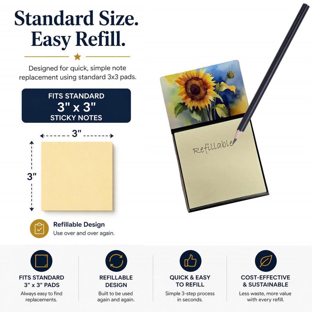Sunflowers in Watercolor Watercolor Sticky Note Holder Refillable Dispenser Desk Accessory 3x3 Pad Gift