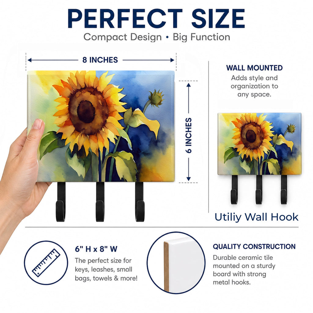 Sunflowers in Watercolor Leash or Key Holder Wall Hooks, Coat Rack Wall Mount, for Hanging Keys, Towels, Aprons, Leashes