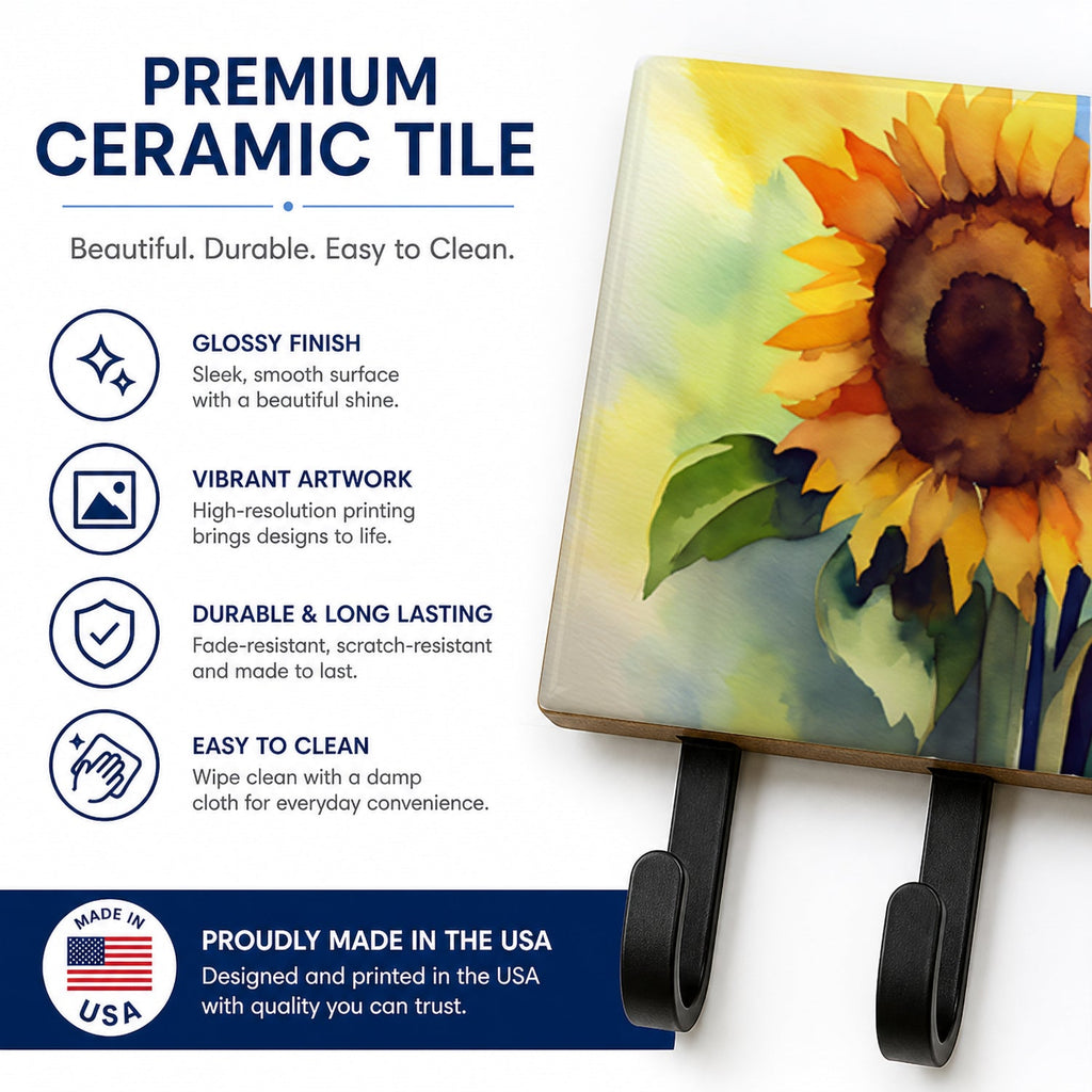 Sunflowers in Watercolor Leash or Key Holder Wall Hooks, Coat Rack Wall Mount, for Hanging Keys, Towels, Aprons, Leashes