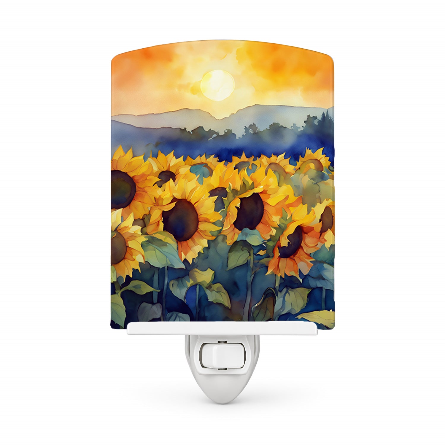 Sunflowers in Watercolor Ceramic Night Light Compact, UL-Certified, Ideal for Bedroom, Bathroom, Nursery, Hallway, Kitchen, 6x4x3, Multicolor
