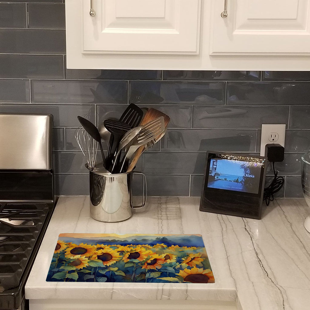 Sunflowers in Watercolor Cutting Board Tempered Glass Kitchen Cutting Surface, Heat Resistant Chopping, Non-Slip Feet, Food Prep & Serving