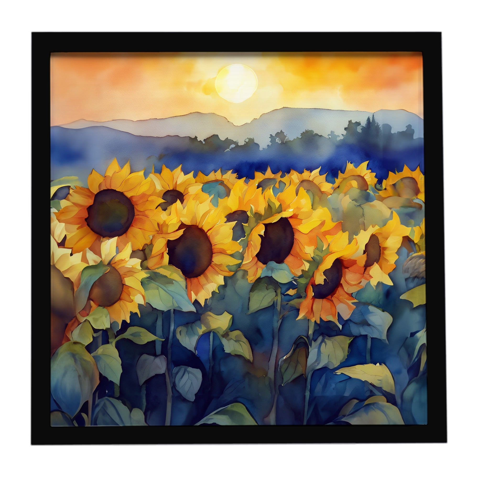 Sunflowers in Watercolor Framed Metal Print Bathroom, Kitchen, Office, Home Decor Wall Art Ready to Hang, Square, 8X8