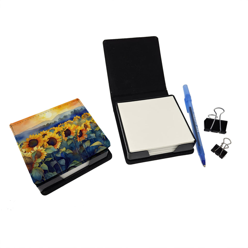 Sunflowers in Watercolor PU Leather Note Paper Holder with Artist-Designed Cover, Desk Accessory, Office Gift