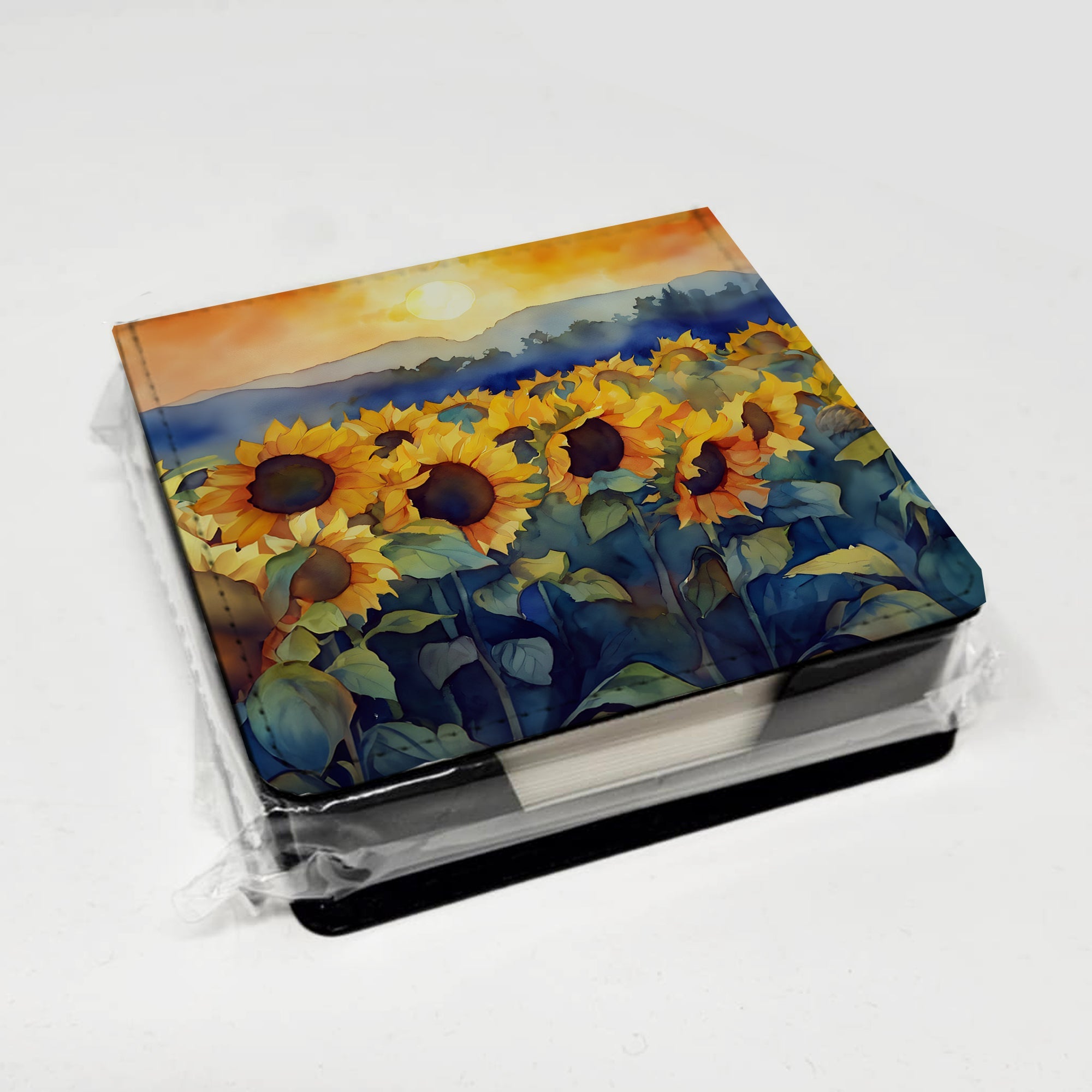 Sunflowers in Watercolor PU Leather Note Paper Holder with Artist-Designed Cover, Desk Accessory, Office Gift